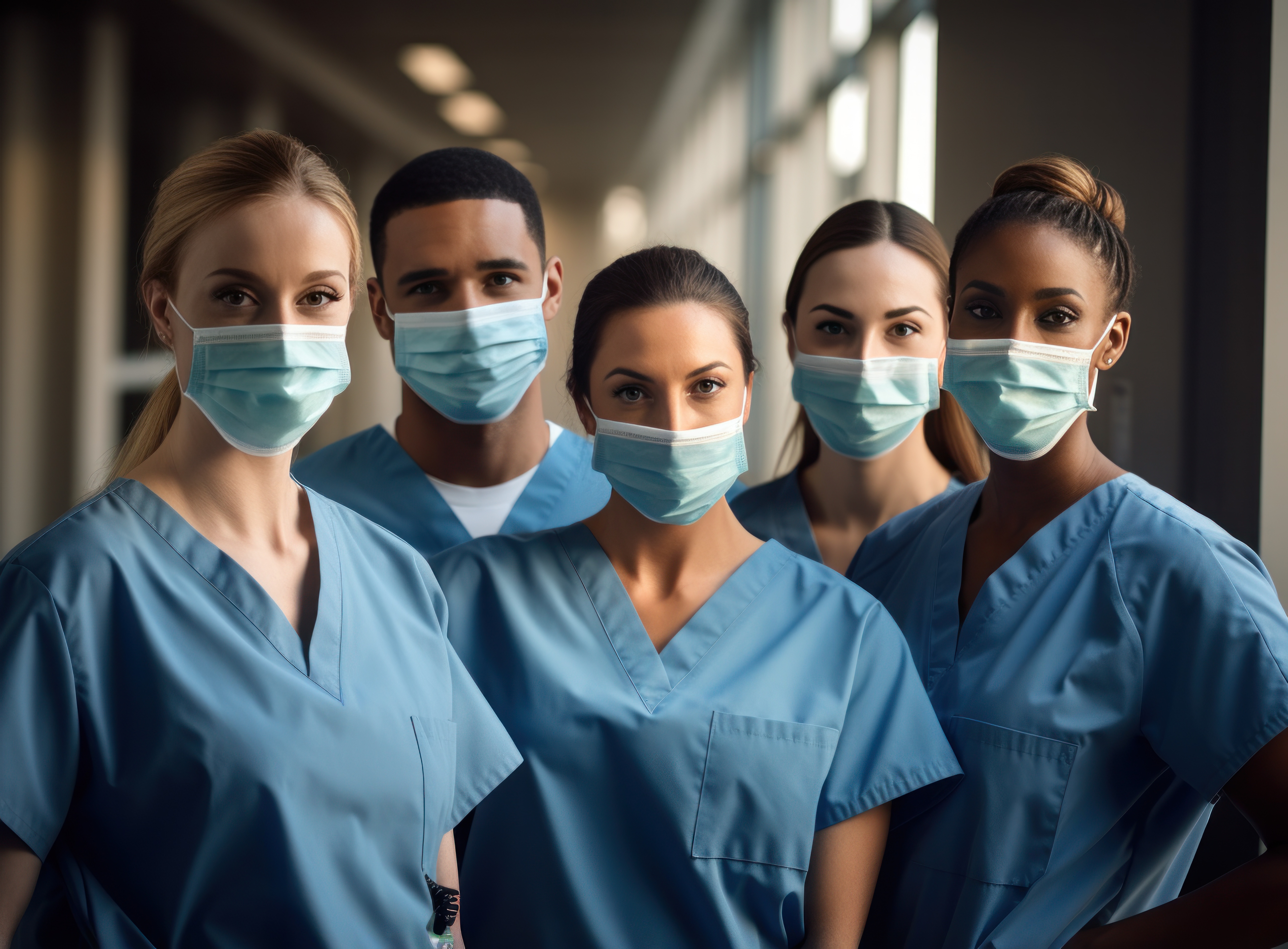 Group of doctors and nurses showing face masks in hospital